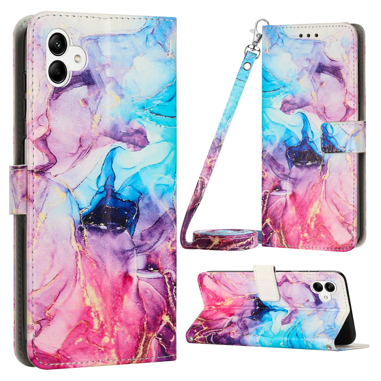 For Samsung Galaxy A04e 4G / F04 4G / M04 4G Phone Cover Marble Pattern Leather Stand Wallet Phone Case with Shoulder Strap For Samsung Galaxy A04e 4G / F04 4G / M04 4G Phone Cover Marble Pattern Leather Stand Wallet Phone Case with Shoulder Strap
